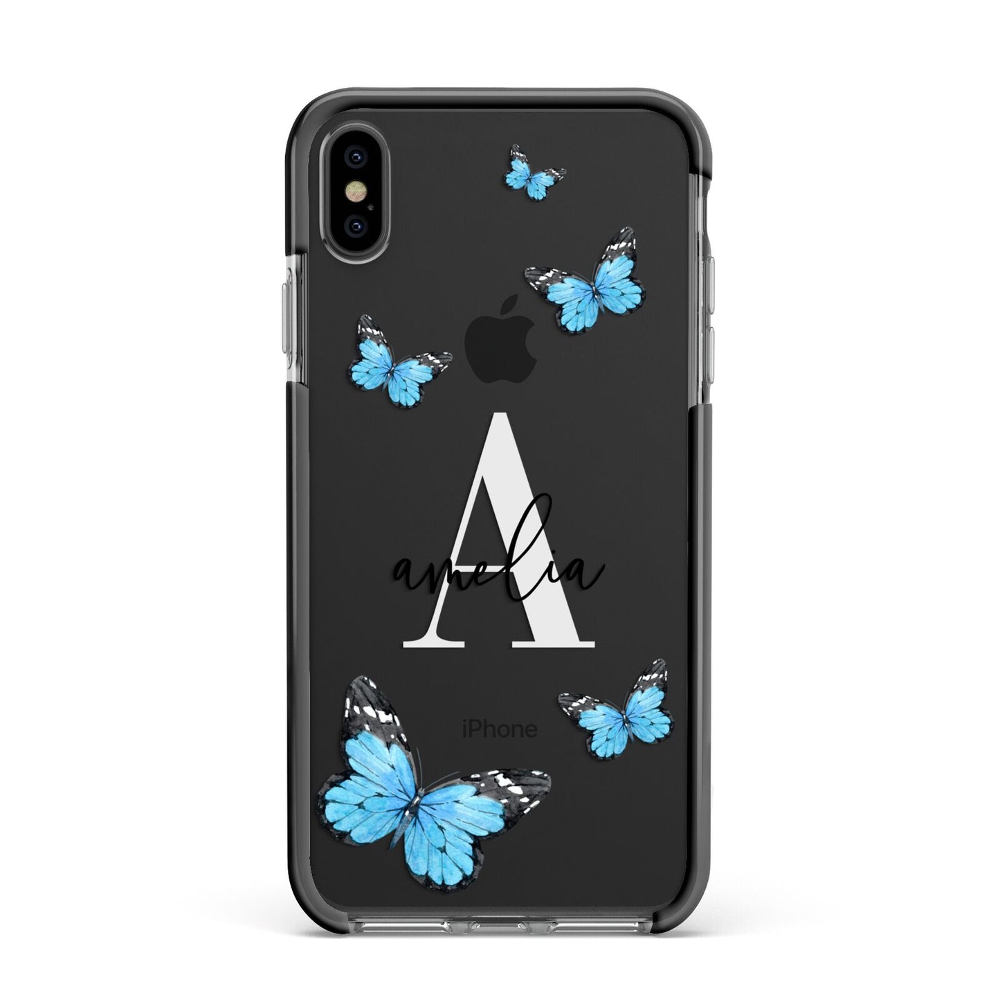 Blue Butterflies with Initial and Name Apple iPhone Xs Max Impact Case Black Edge on Black Phone