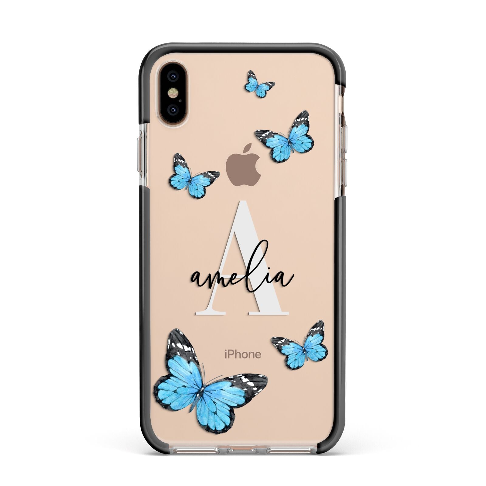 Blue Butterflies with Initial and Name Apple iPhone Xs Max Impact Case Black Edge on Gold Phone
