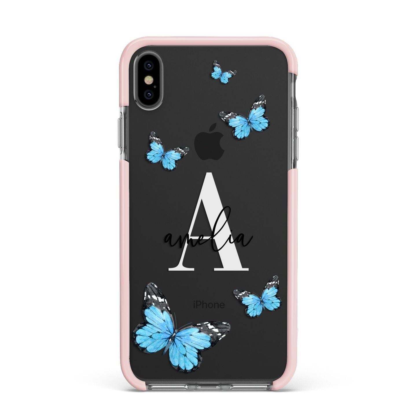 Blue Butterflies with Initial and Name Apple iPhone Xs Max Impact Case Pink Edge on Black Phone