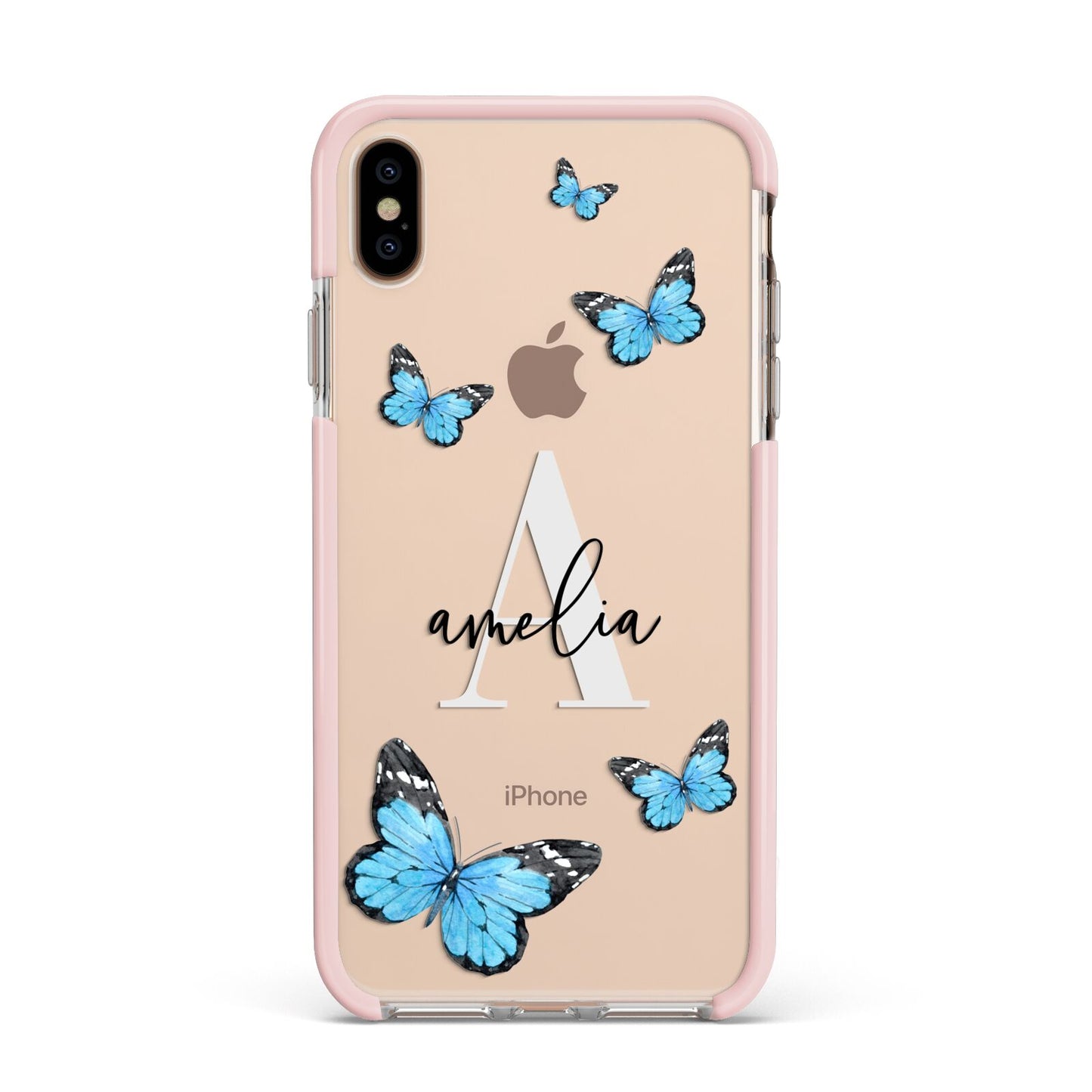Blue Butterflies with Initial and Name Apple iPhone Xs Max Impact Case Pink Edge on Gold Phone