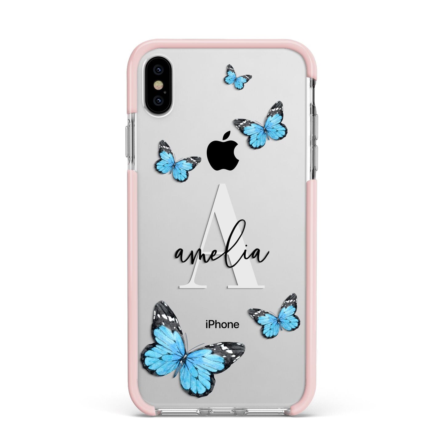 Blue Butterflies with Initial and Name Apple iPhone Xs Max Impact Case Pink Edge on Silver Phone