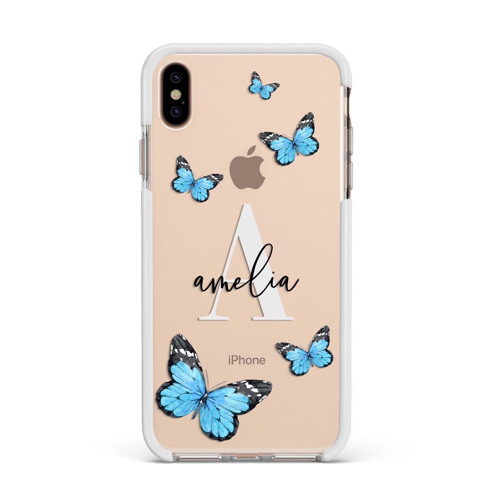 Blue Butterflies with Initial and Name Apple iPhone Xs Max Impact Case White Edge on Gold Phone
