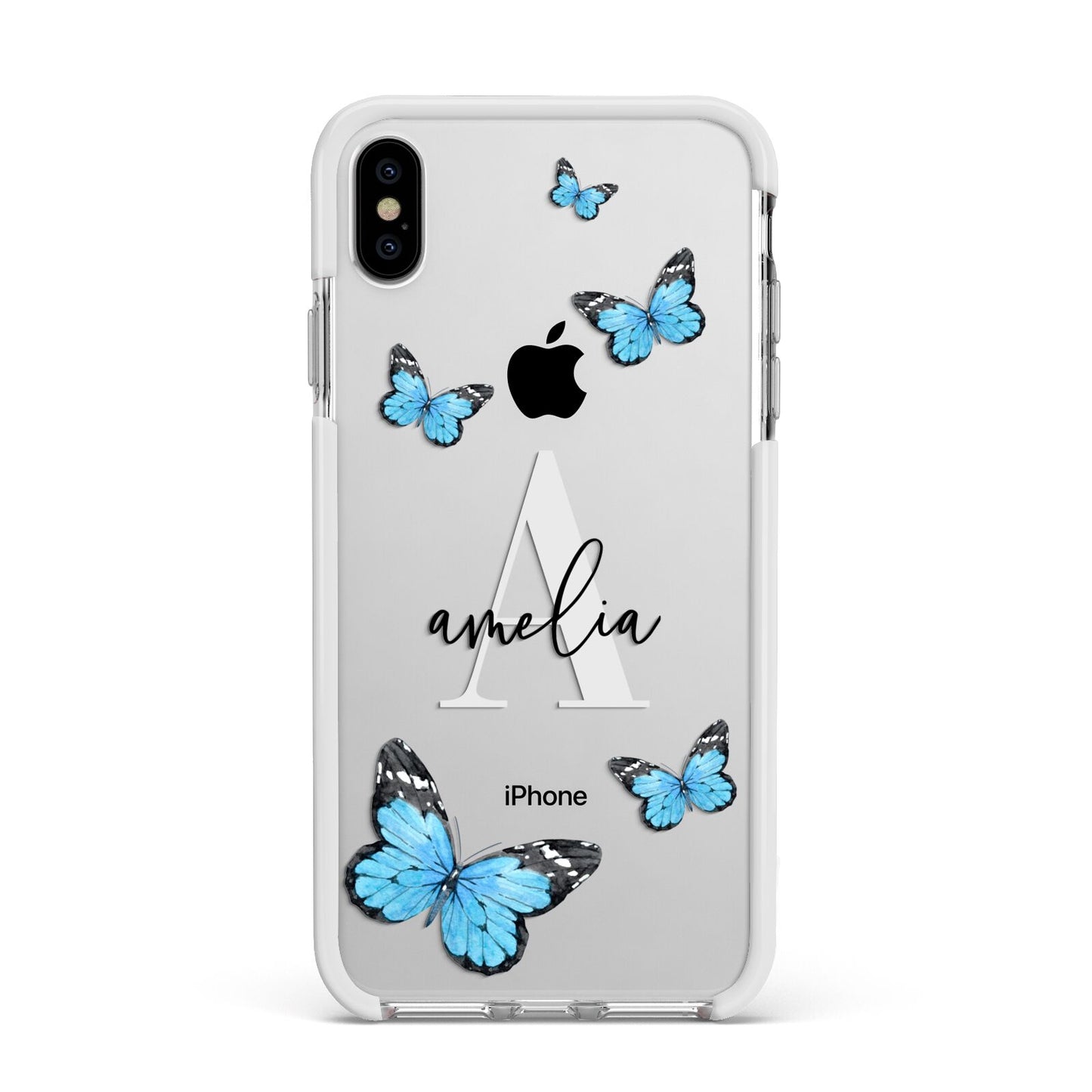 Blue Butterflies with Initial and Name Apple iPhone Xs Max Impact Case White Edge on Silver Phone