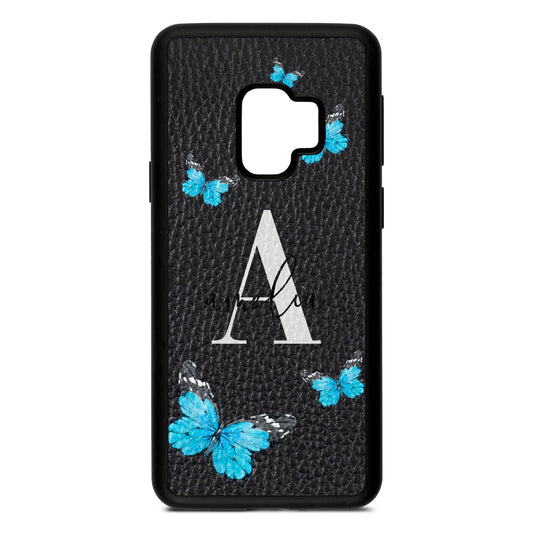 Blue Butterflies with Initial and Name Black Pebble Leather Samsung S9 Case