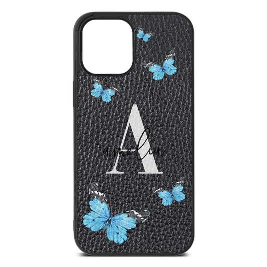 Blue Butterflies with Initial and Name Black Pebble Leather iPhone 12 Pro Max Case