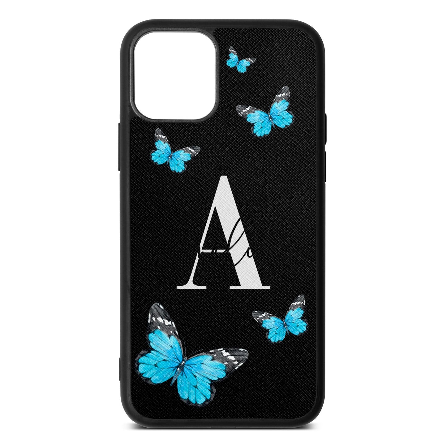 Blue Butterflies with Initial and Name Black Saffiano Leather iPhone 11 Case