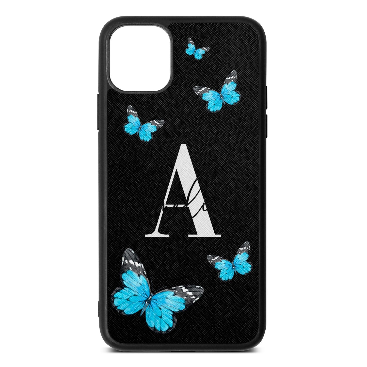 Blue Butterflies with Initial and Name Black Saffiano Leather iPhone 11 Pro Max Case