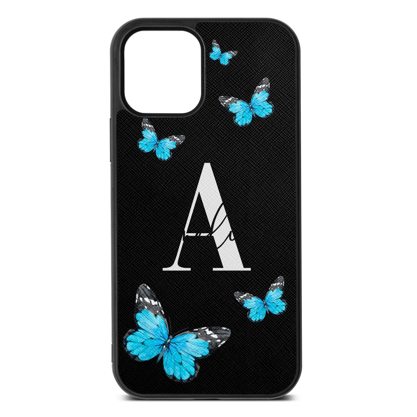 Blue Butterflies with Initial and Name Black Saffiano Leather iPhone 12 Case