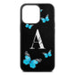 Blue Butterflies with Initial and Name Black Saffiano Leather iPhone 13 Pro Case