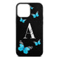Blue Butterflies with Initial and Name Black Saffiano Leather iPhone 13 Pro Max Case