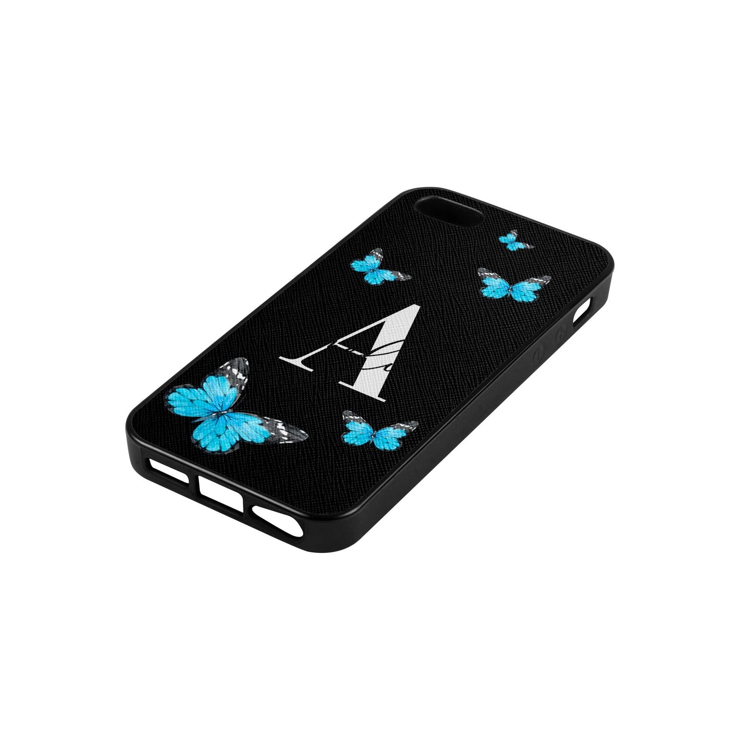 Blue Butterflies with Initial and Name Black Saffiano Leather iPhone 5 Case Side Angle