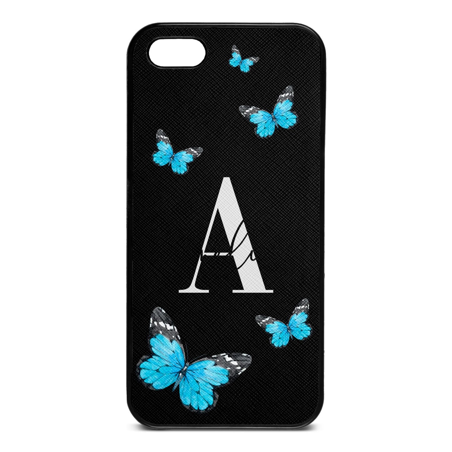 Blue Butterflies with Initial and Name Black Saffiano Leather iPhone 5 Case