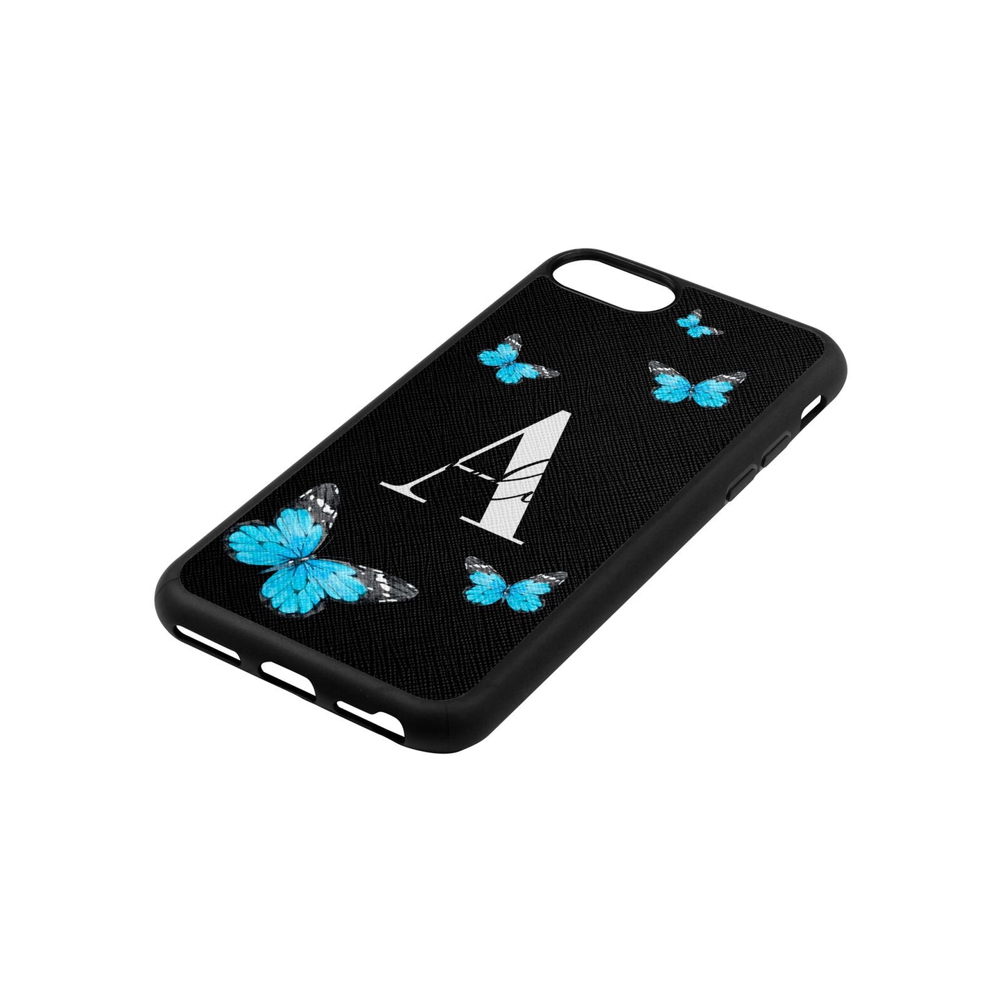Blue Butterflies with Initial and Name Black Saffiano Leather iPhone 8 Case Side Angle