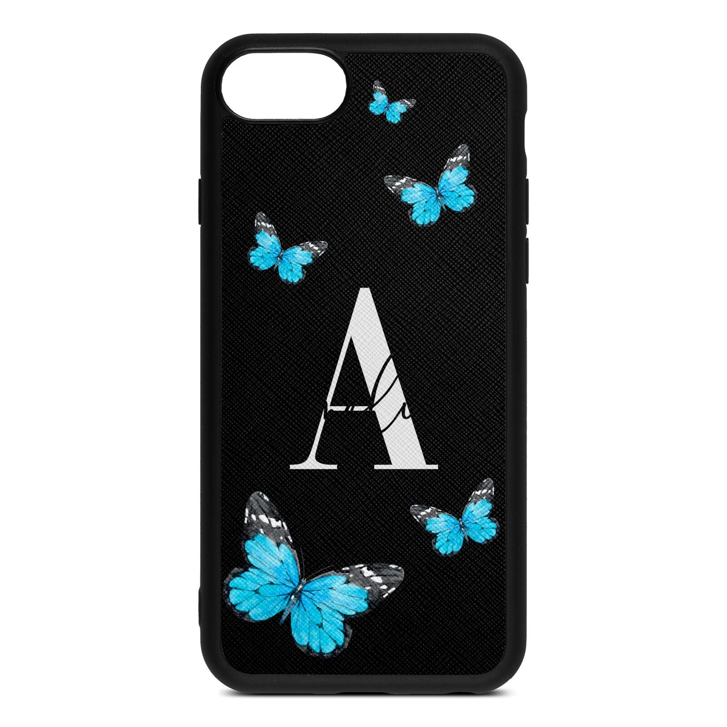 Blue Butterflies with Initial and Name Black Saffiano Leather iPhone 8 Case