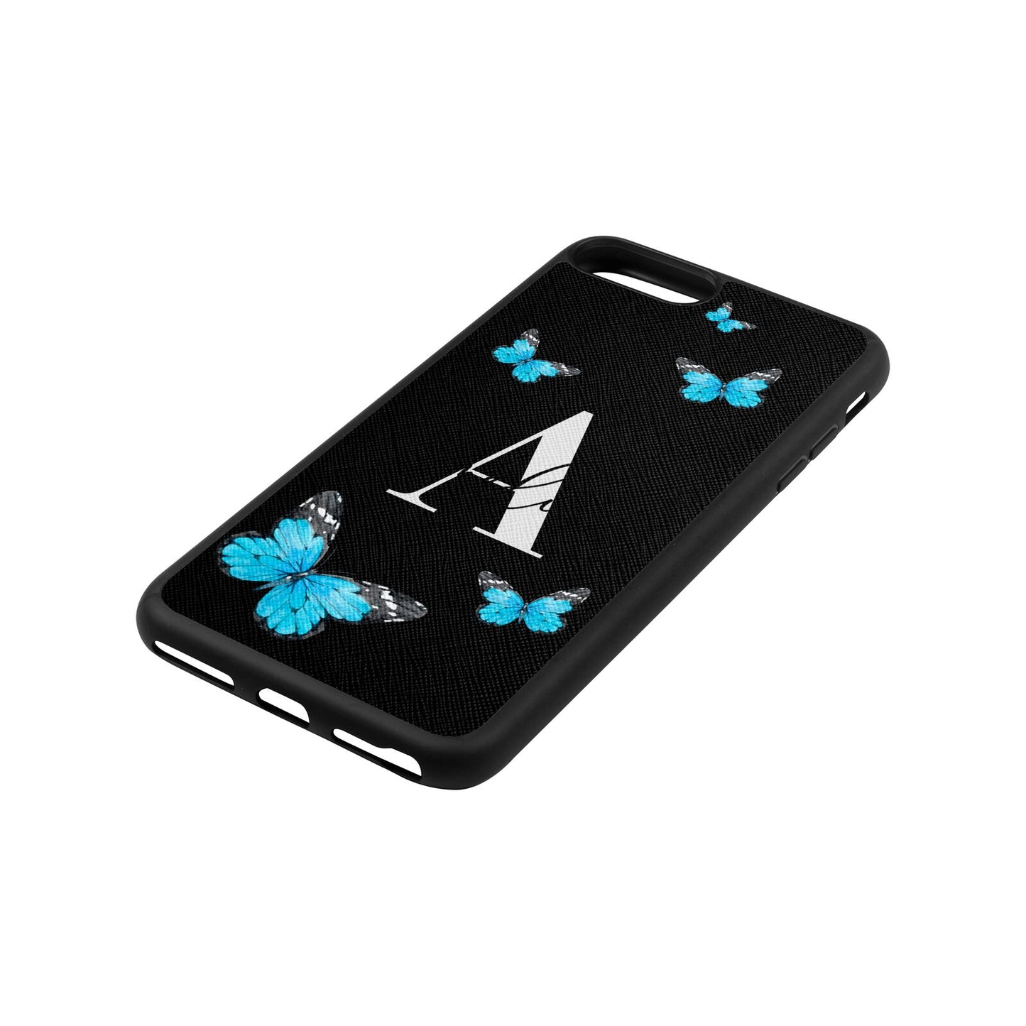 Blue Butterflies with Initial and Name Black Saffiano Leather iPhone 8 Plus Case Side Angle