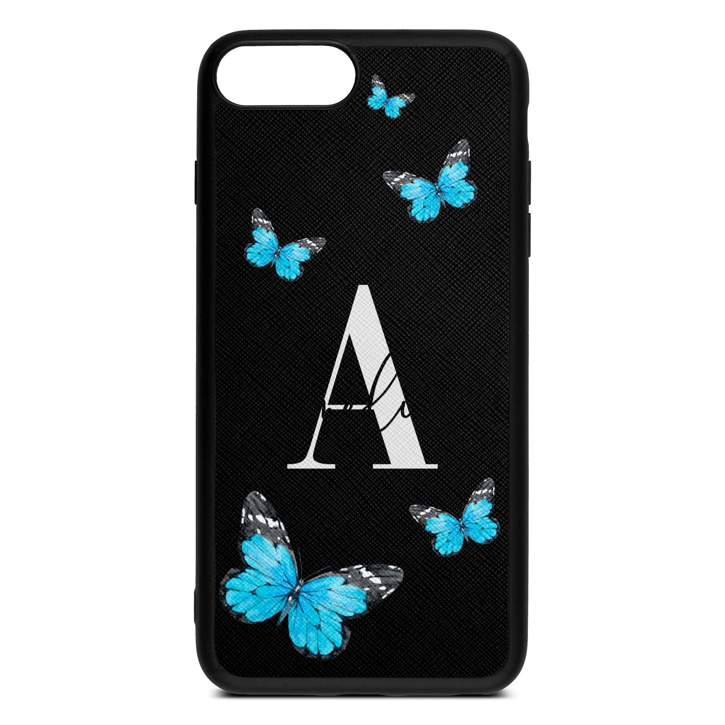 Blue Butterflies with Initial and Name Black Saffiano Leather iPhone 8 Plus Case