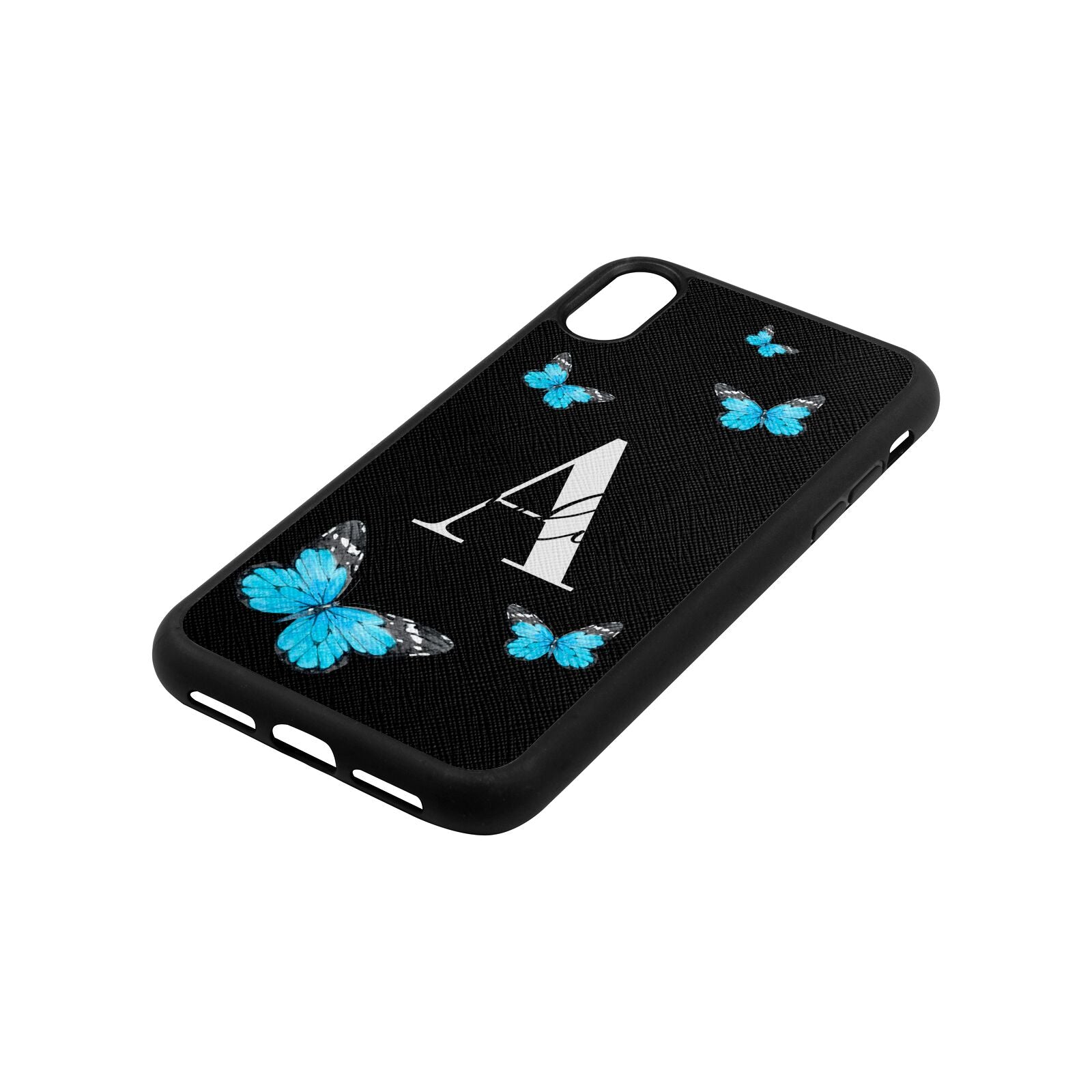 Blue Butterflies with Initial and Name Black Saffiano Leather iPhone Xr Case Side Angle