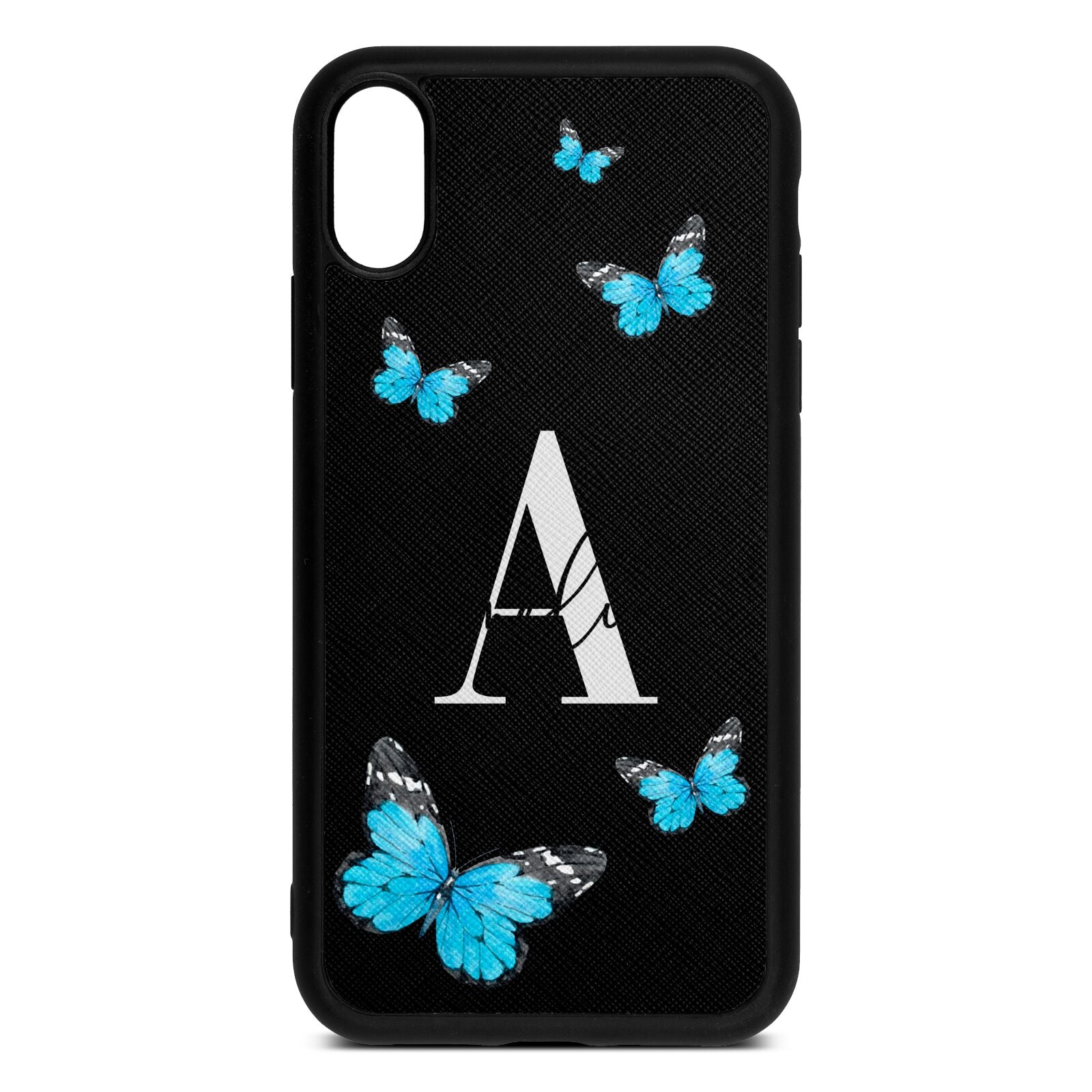 Blue Butterflies with Initial and Name Black Saffiano Leather iPhone Xr Case