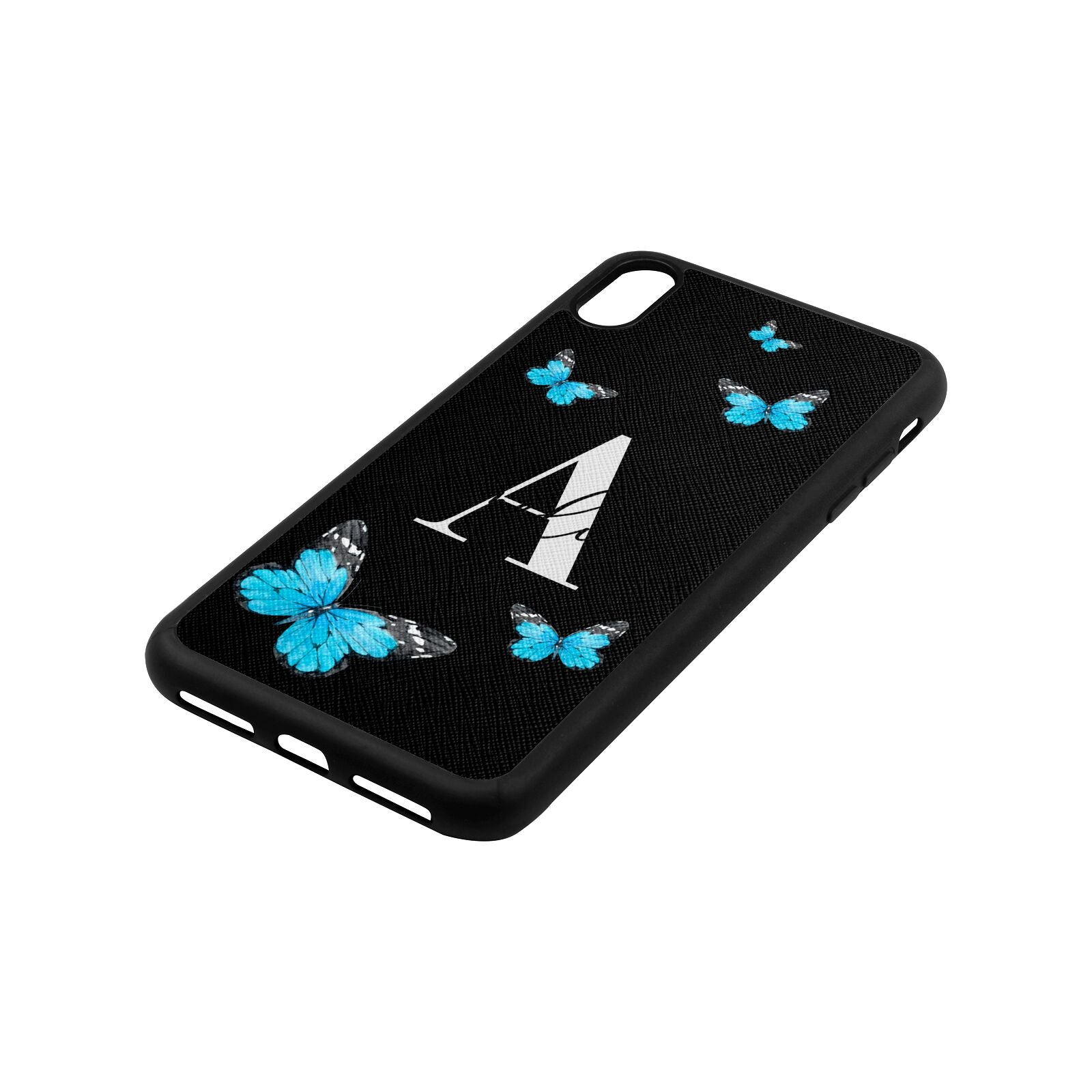 Blue Butterflies with Initial and Name Black Saffiano Leather iPhone Xs Max Case Side Angle