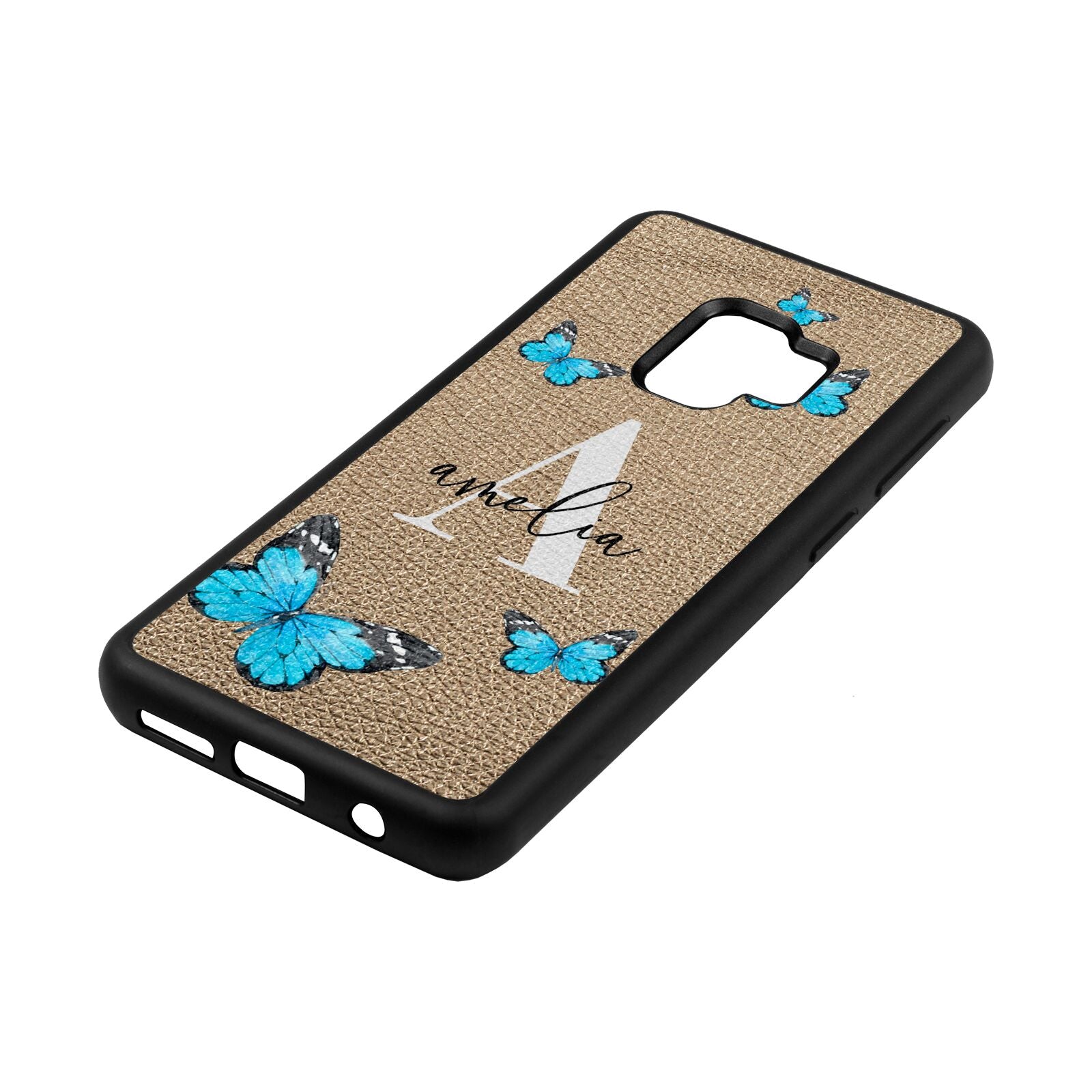 Blue Butterflies with Initial and Name Gold Pebble Leather Samsung S9 Case Side Angle