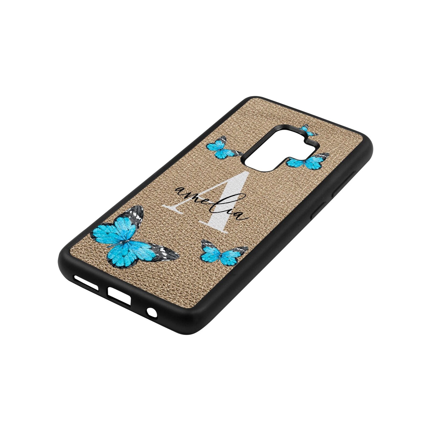 Blue Butterflies with Initial and Name Gold Pebble Leather Samsung S9 Plus Case Side Angle