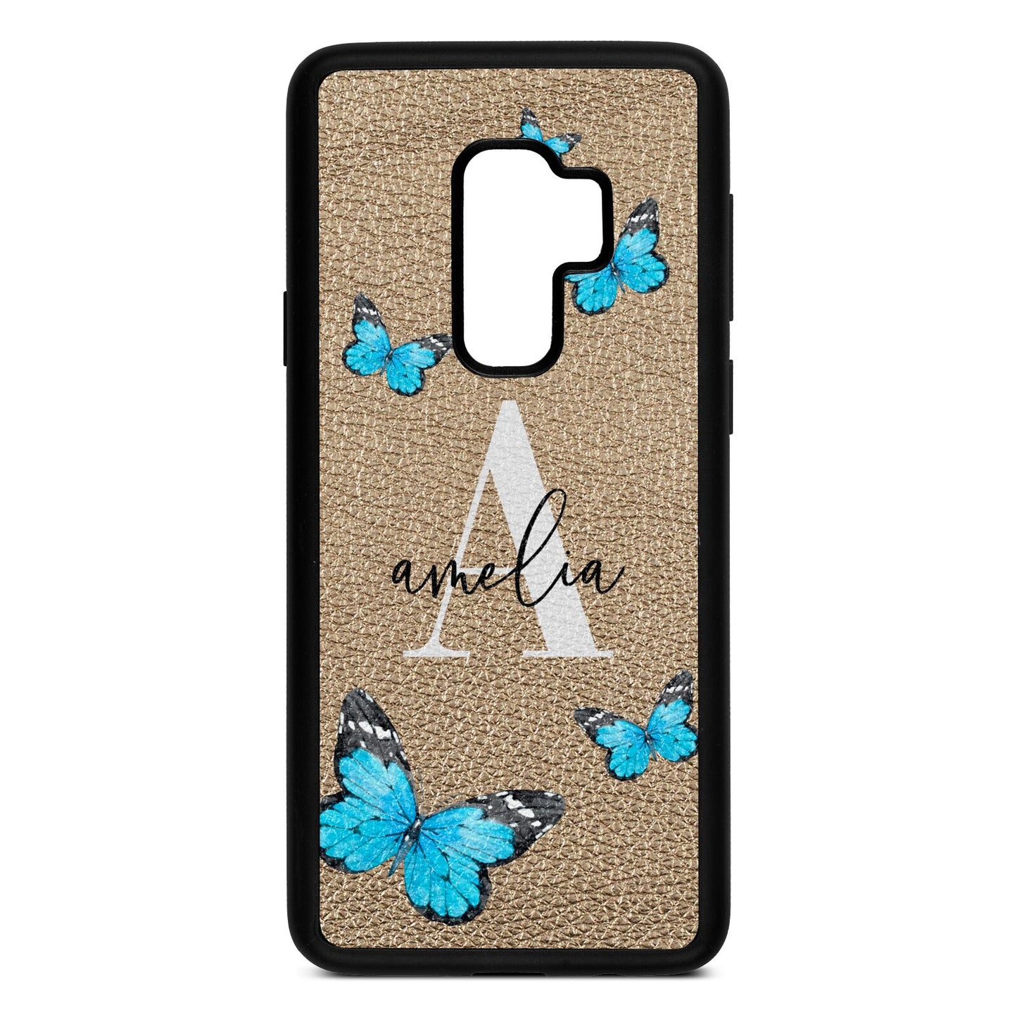 Blue Butterflies with Initial and Name Gold Pebble Leather Samsung S9 Plus Case