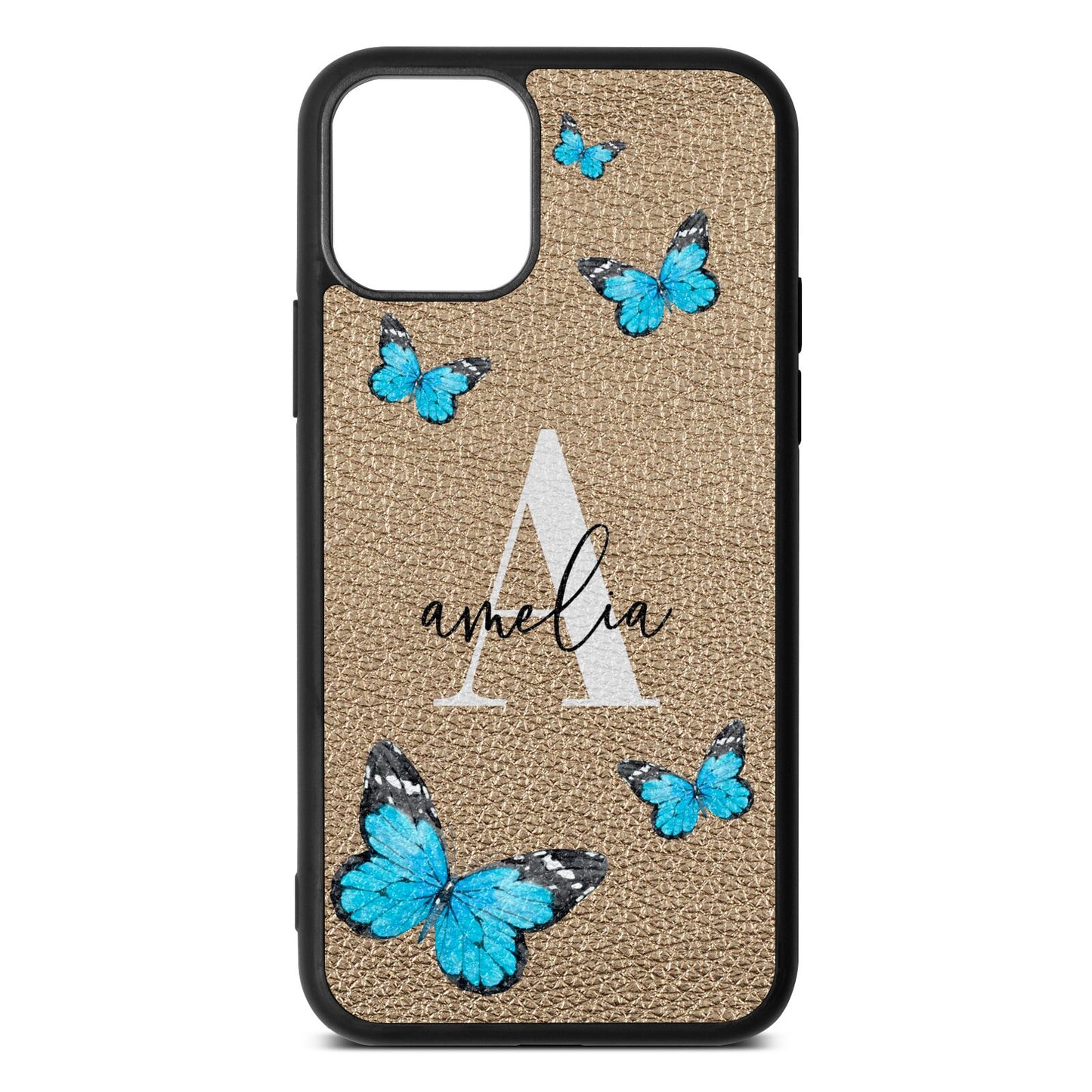 Blue Butterflies with Initial and Name Gold Pebble Leather iPhone 11 Pro Case