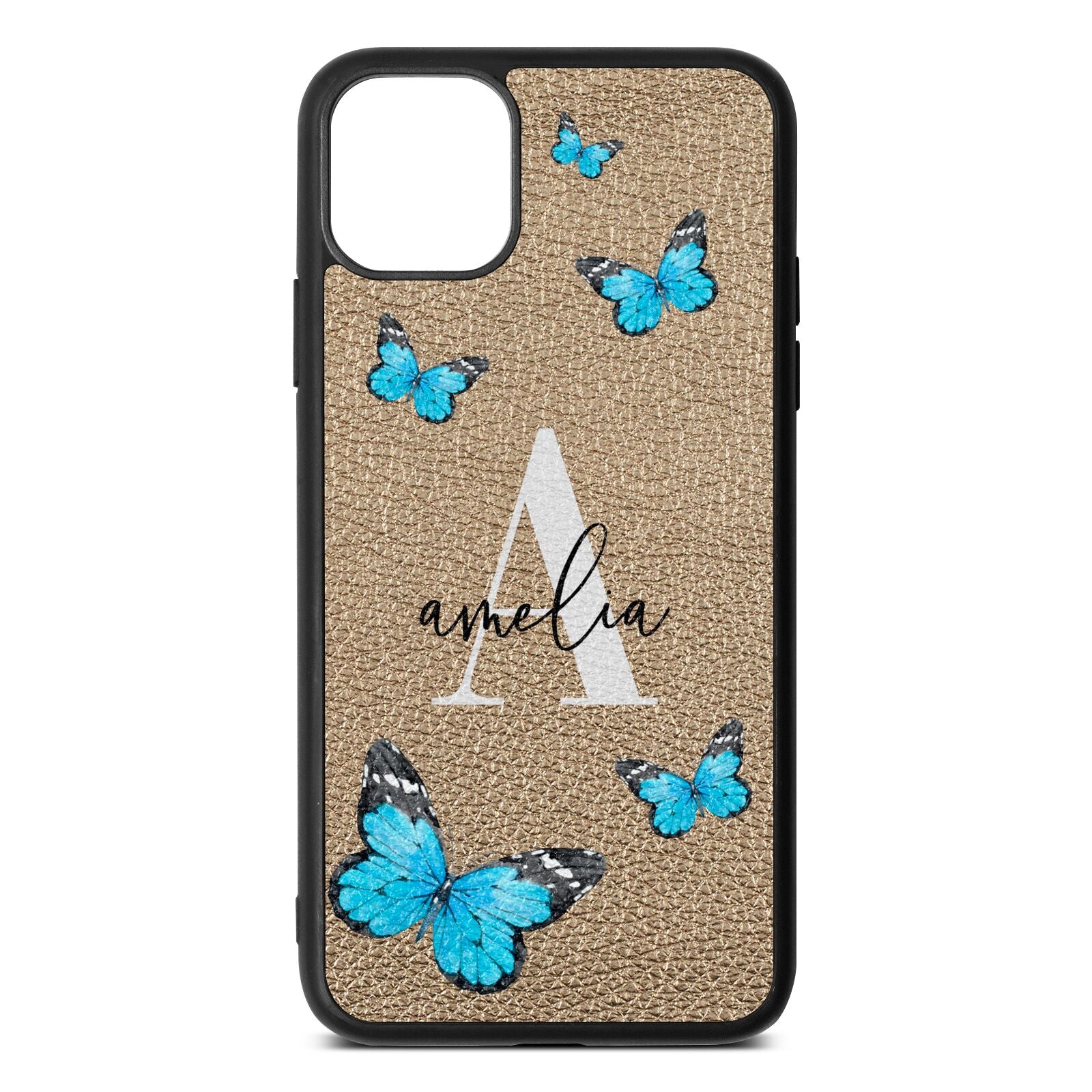 Blue Butterflies with Initial and Name Gold Pebble Leather iPhone 11 Pro Max Case