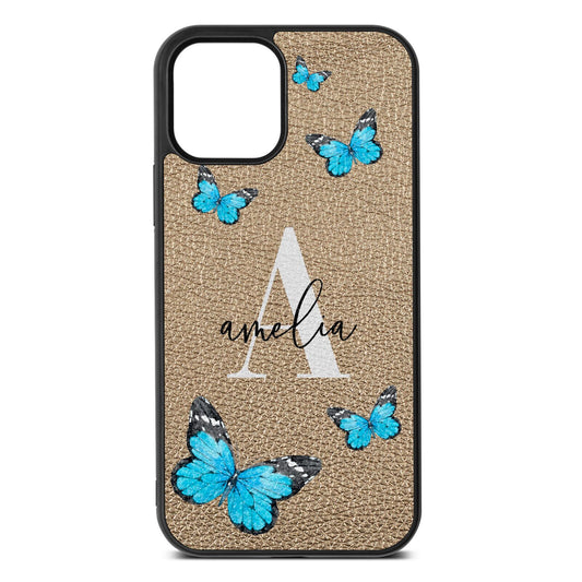Blue Butterflies with Initial and Name Gold Pebble Leather iPhone 12 Case
