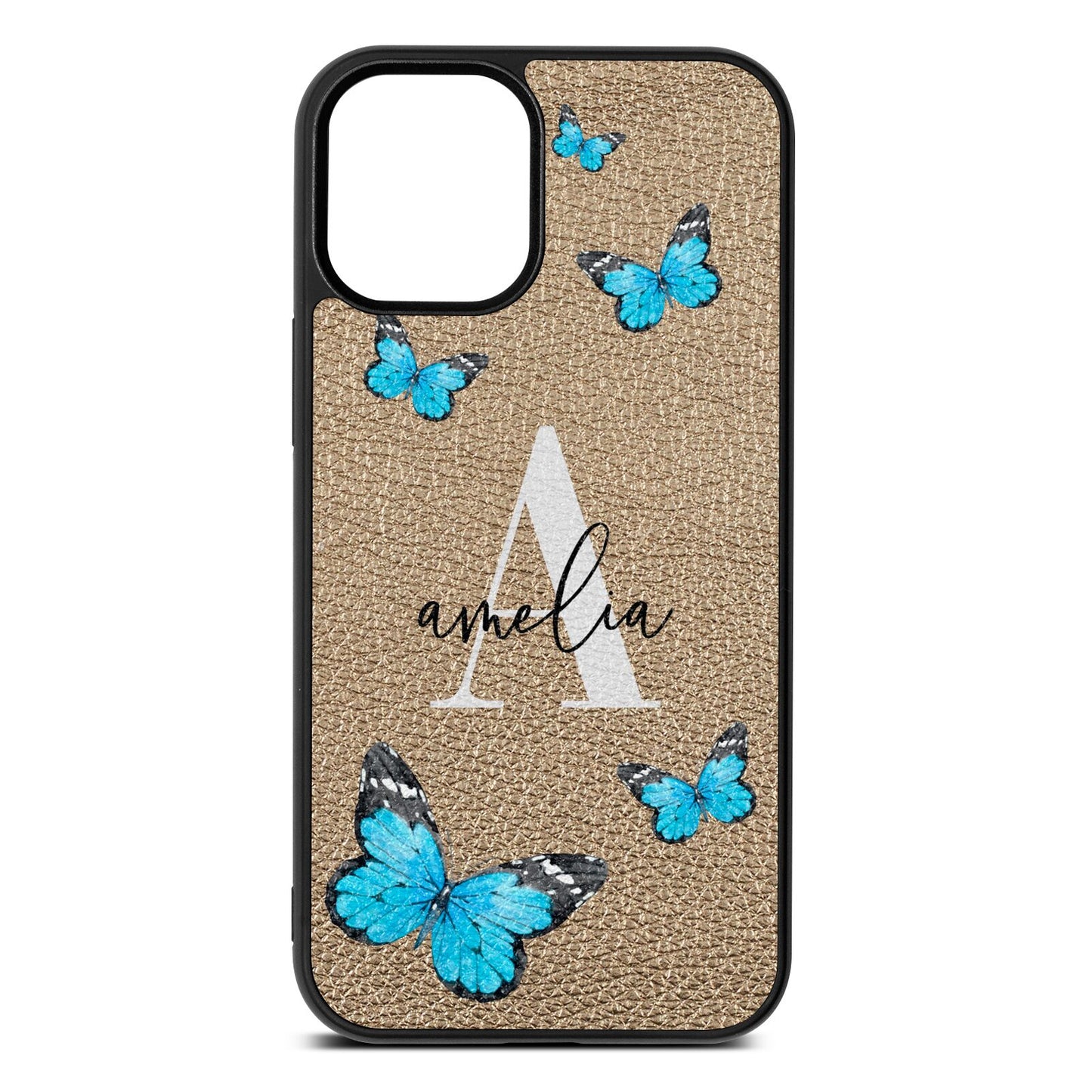 Blue Butterflies with Initial and Name Gold Pebble Leather iPhone 12 Mini Case