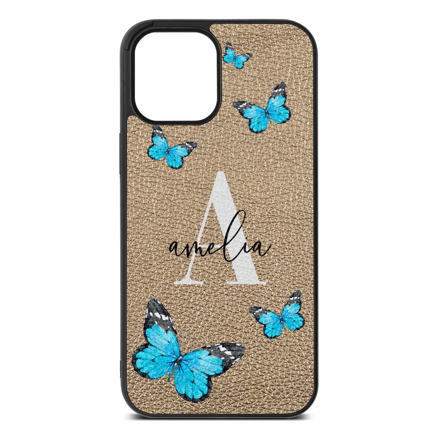 Blue Butterflies with Initial and Name Gold Pebble Leather iPhone 12 Pro Max Case