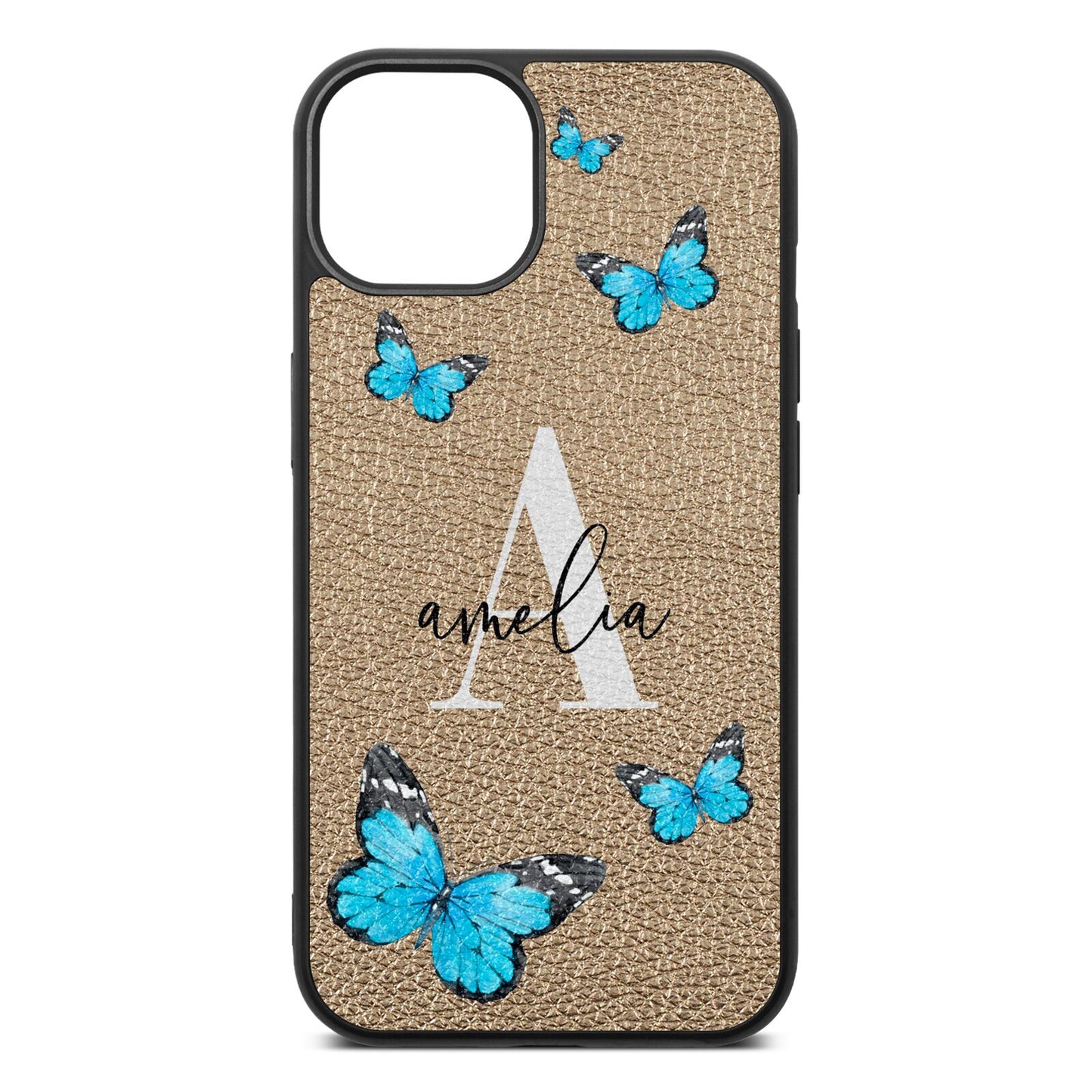 Blue Butterflies with Initial and Name Gold Pebble Leather iPhone 13 Case