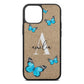 Blue Butterflies with Initial and Name Gold Pebble Leather iPhone 13 Mini Case