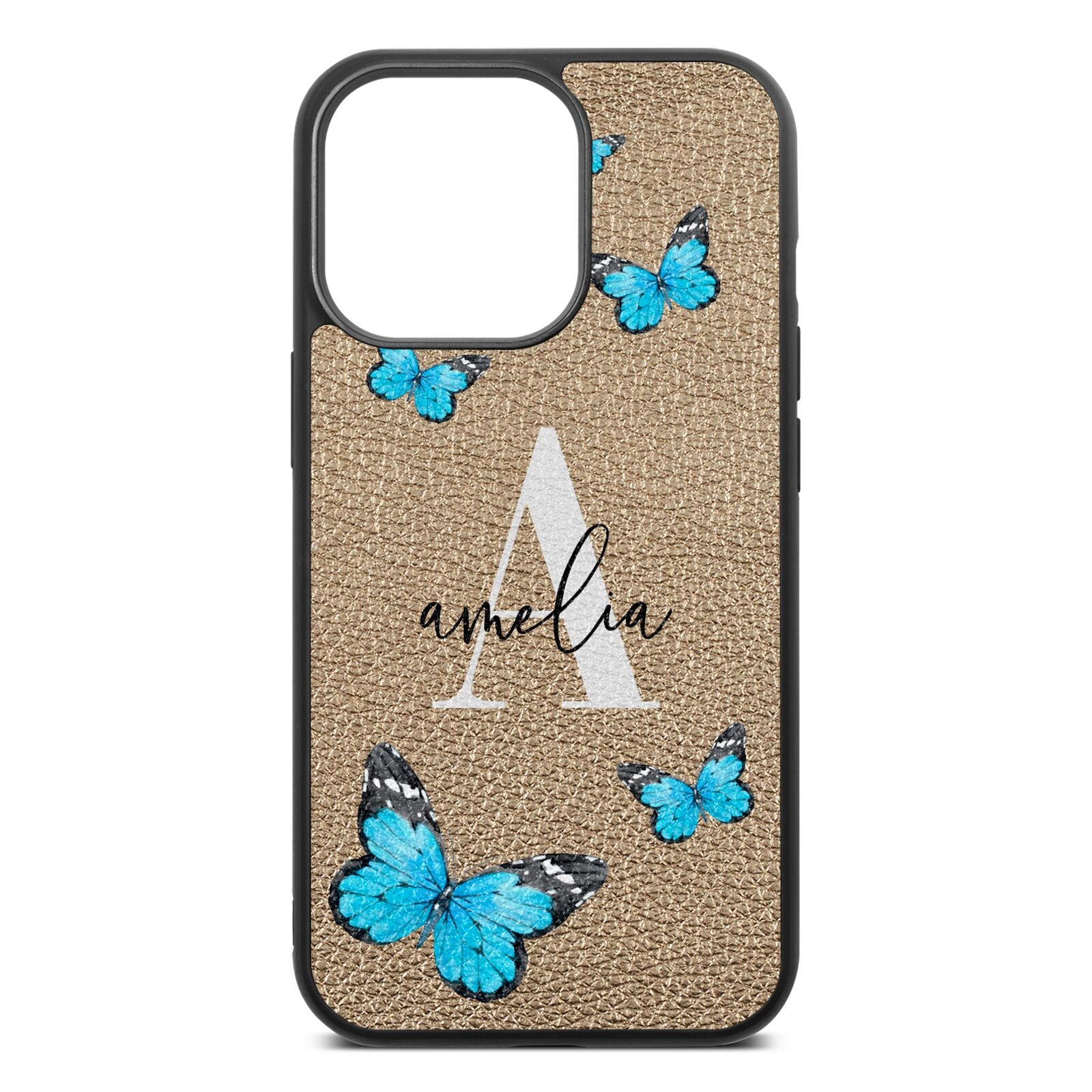 Blue Butterflies with Initial and Name Gold Pebble Leather iPhone 13 Pro Case