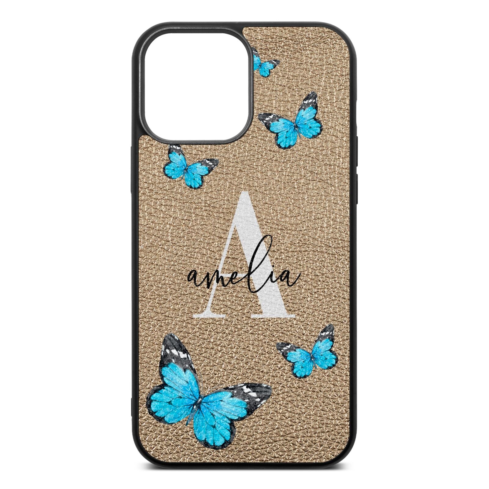 Blue Butterflies with Initial and Name Gold Pebble Leather iPhone 13 Pro Max Case