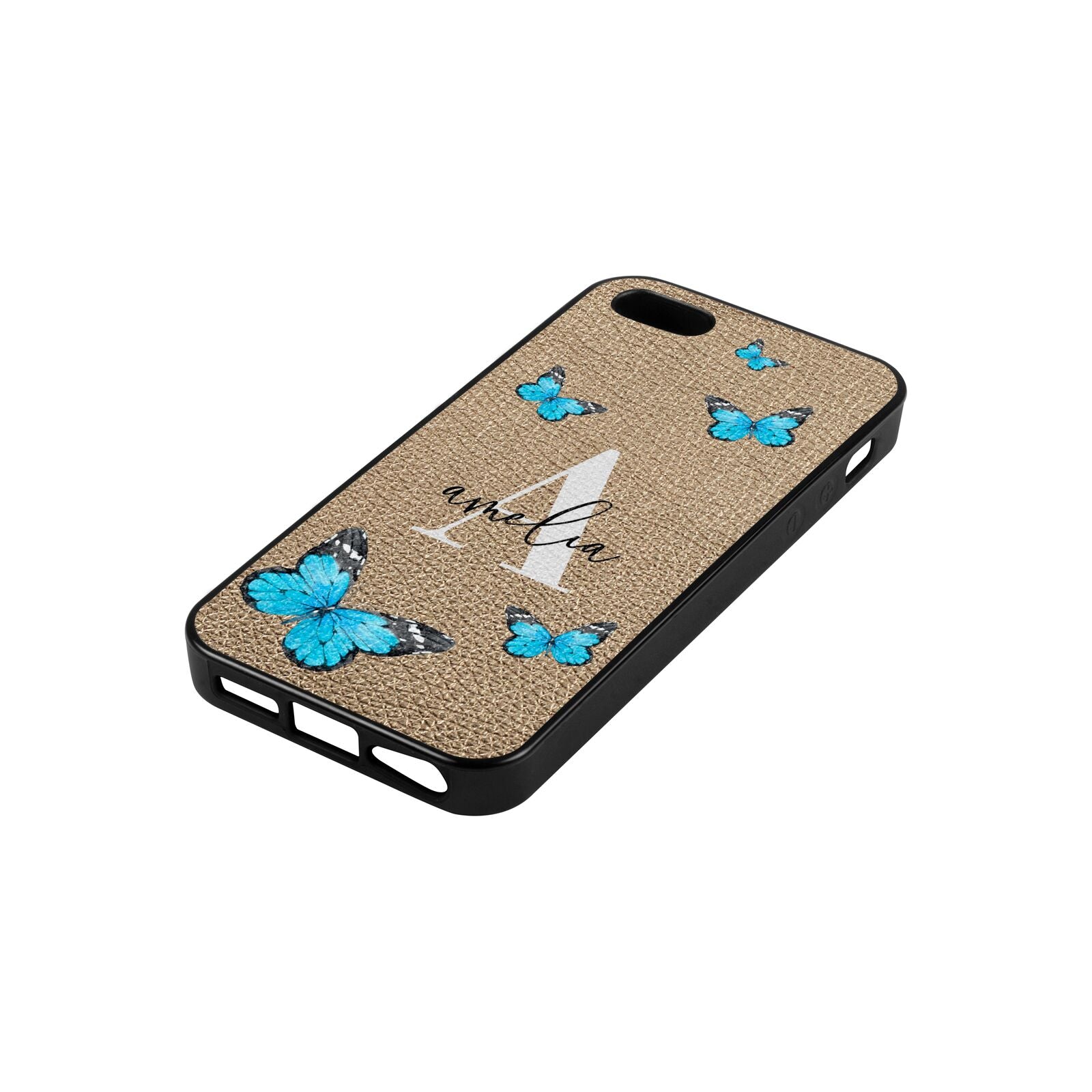Blue Butterflies with Initial and Name Gold Pebble Leather iPhone 5 Case Side Angle