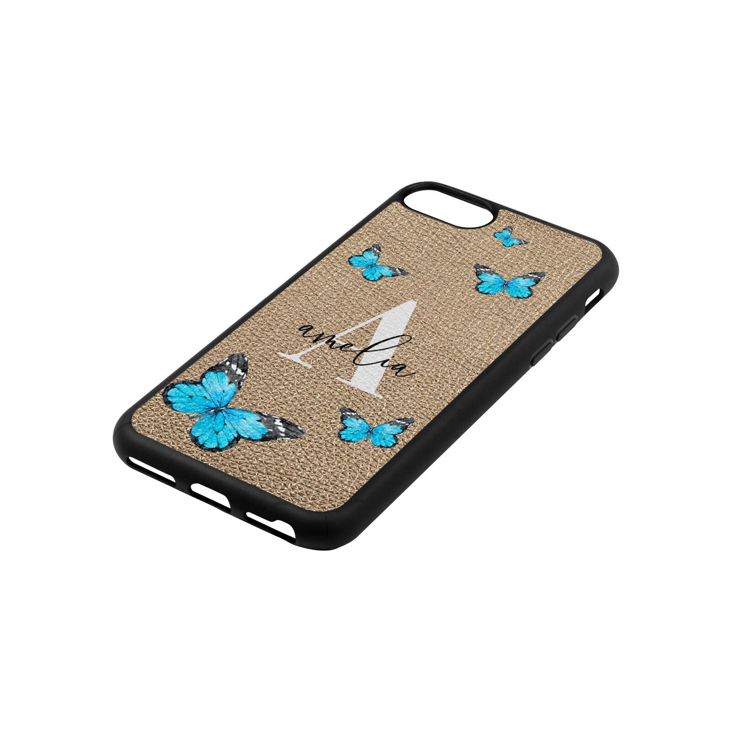 Blue Butterflies with Initial and Name Gold Pebble Leather iPhone 8 Case Side Angle