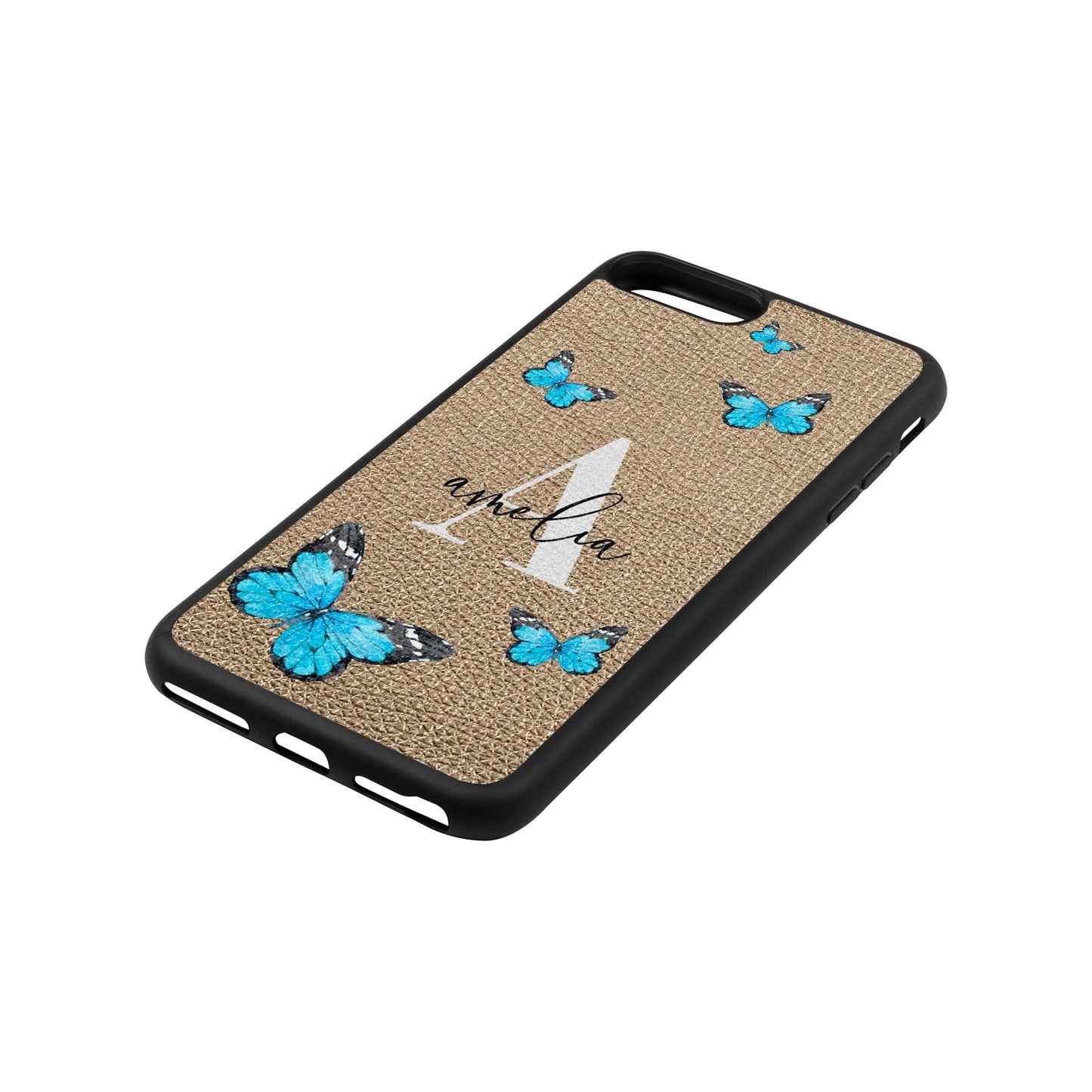Blue Butterflies with Initial and Name Gold Pebble Leather iPhone 8 Plus Case Side Angle
