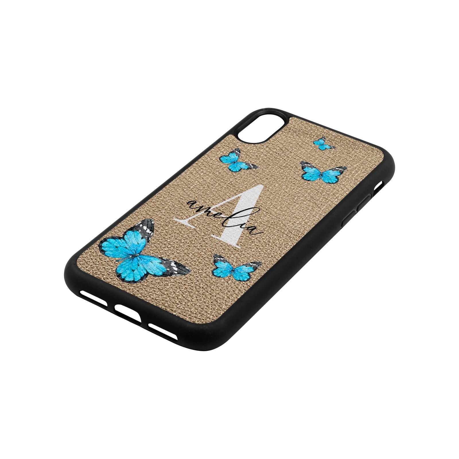 Blue Butterflies with Initial and Name Gold Pebble Leather iPhone Xr Case Side Angle