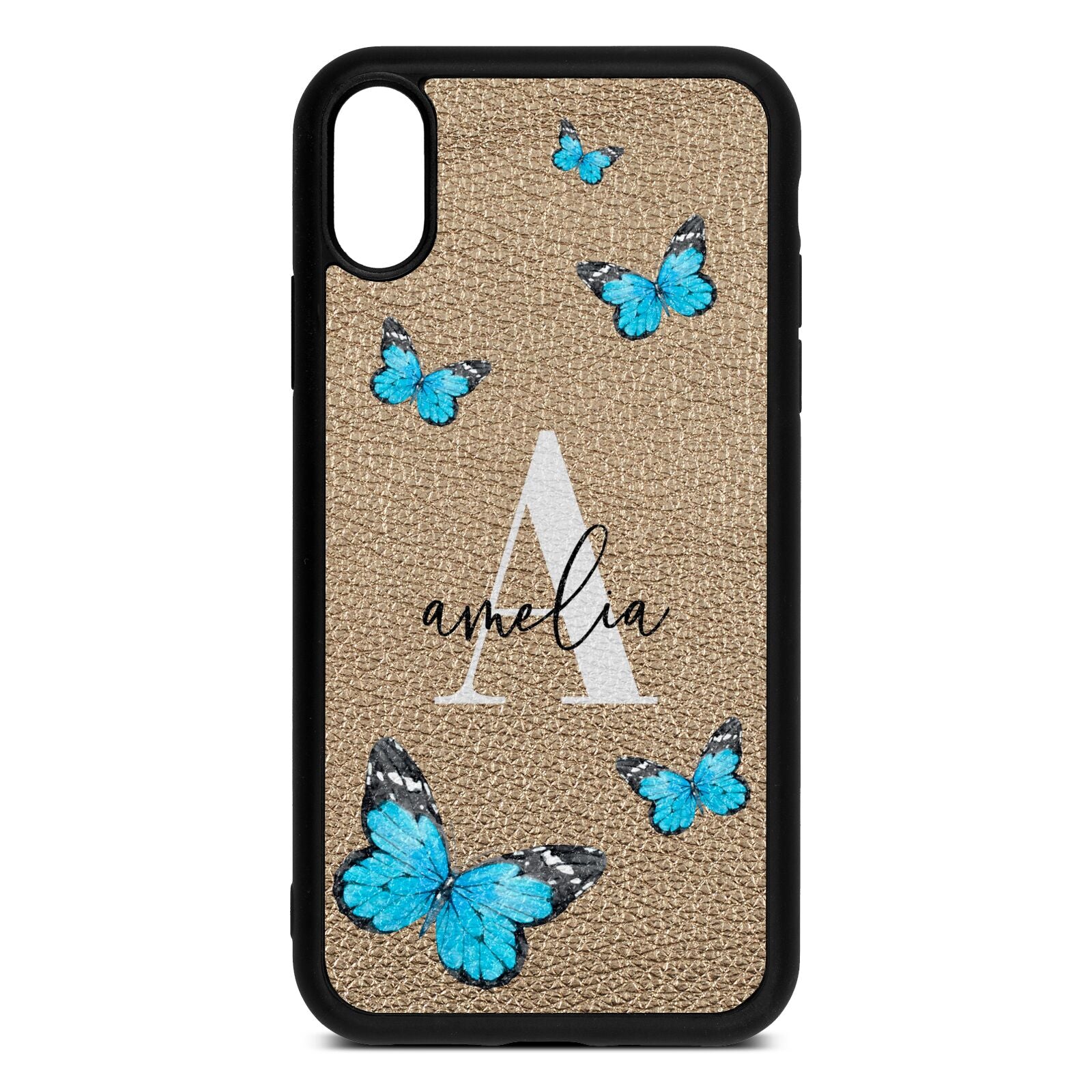 Blue Butterflies with Initial and Name Gold Pebble Leather iPhone Xr Case