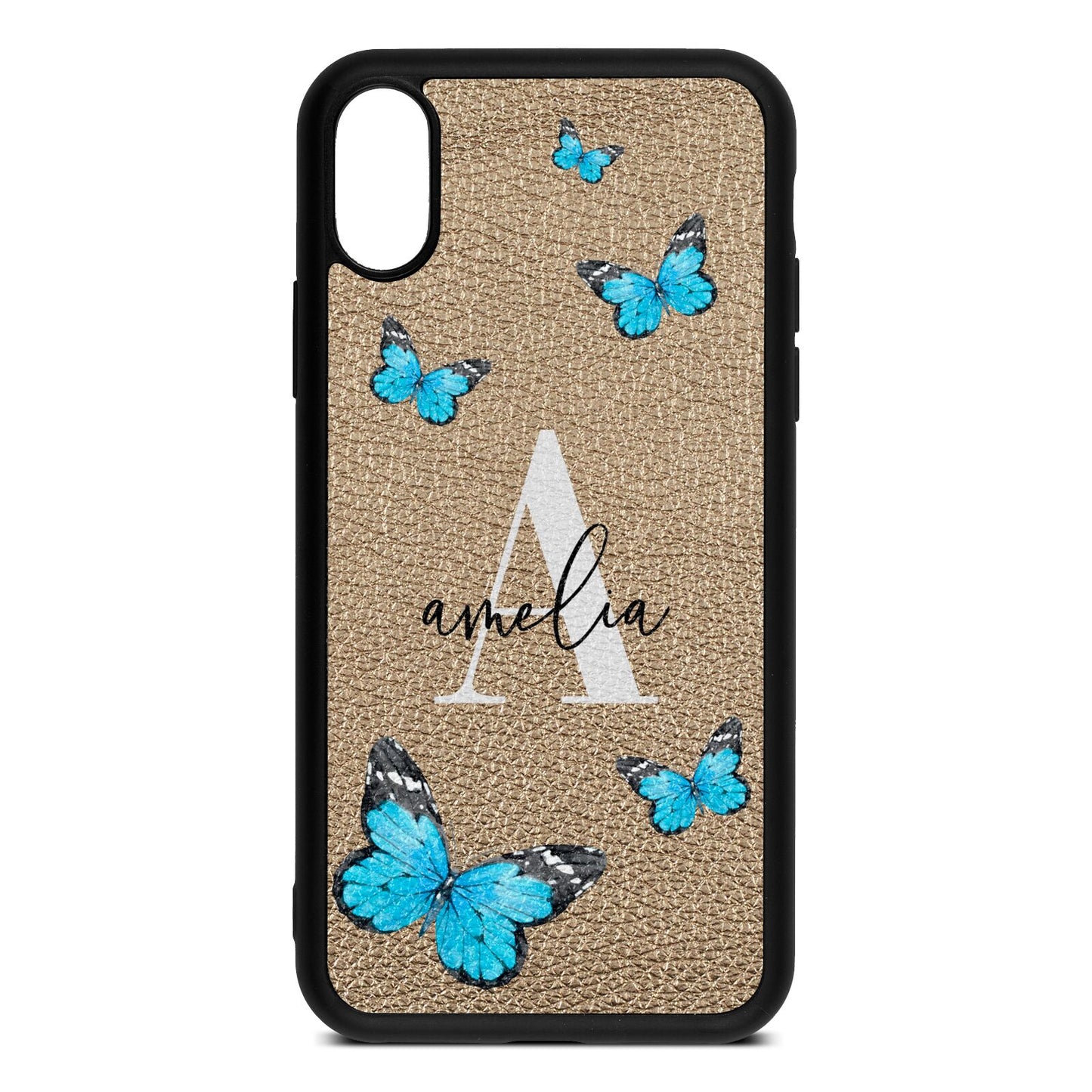 Blue Butterflies with Initial and Name Gold Pebble Leather iPhone Xs Case