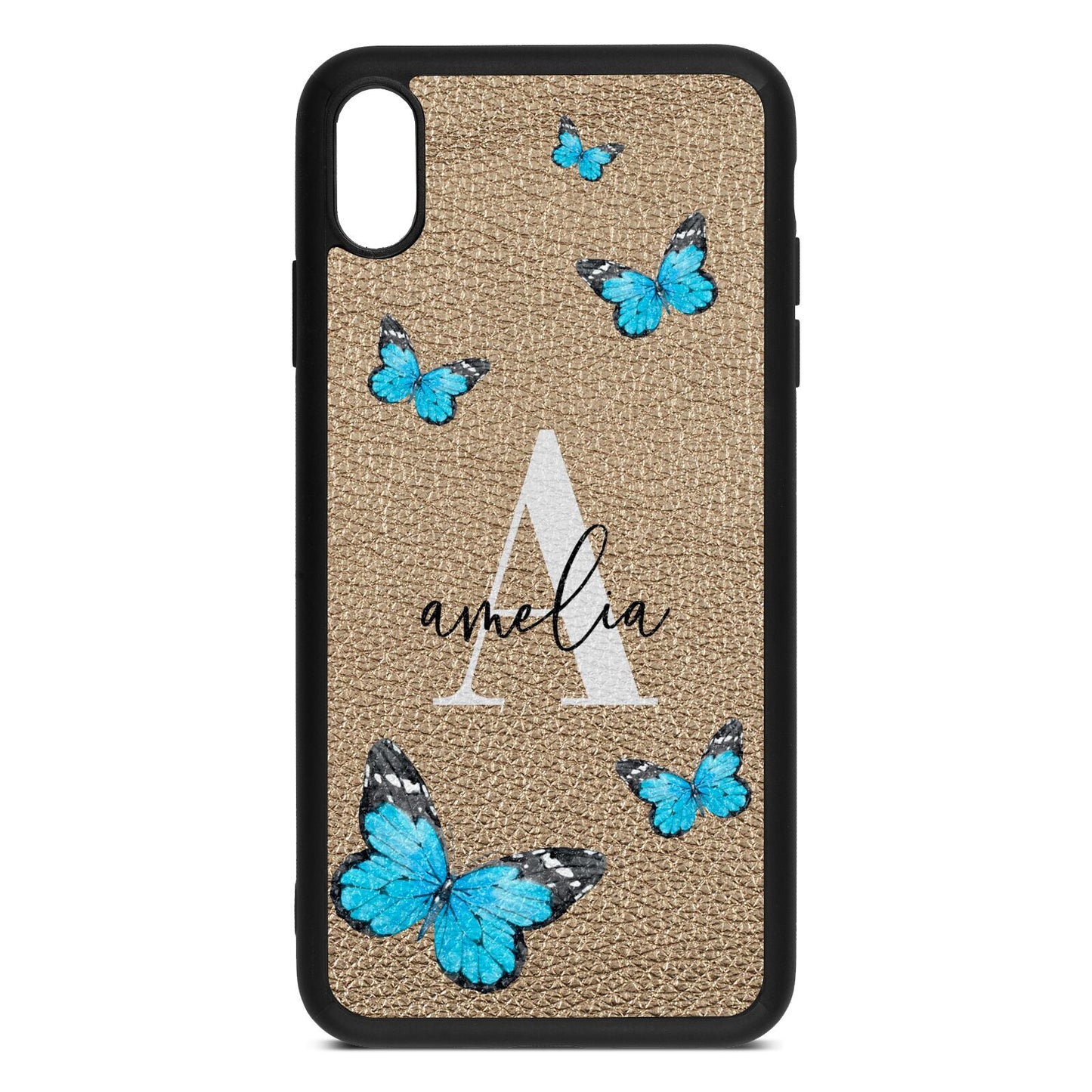 Blue Butterflies with Initial and Name Gold Pebble Leather iPhone Xs Max Case