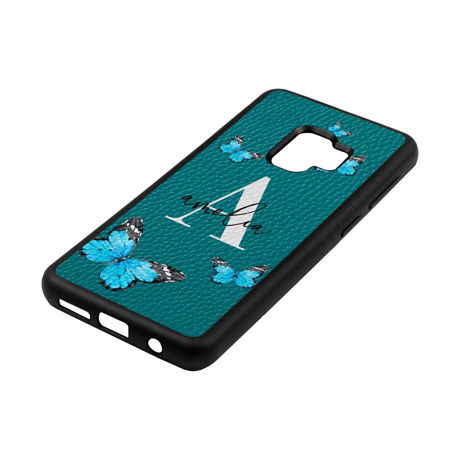 Blue Butterflies with Initial and Name Green Pebble Leather Samsung S9 Case Side Angle