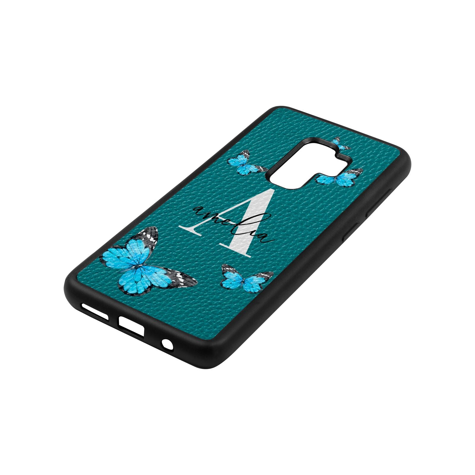 Blue Butterflies with Initial and Name Green Pebble Leather Samsung S9 Plus Case Side Angle