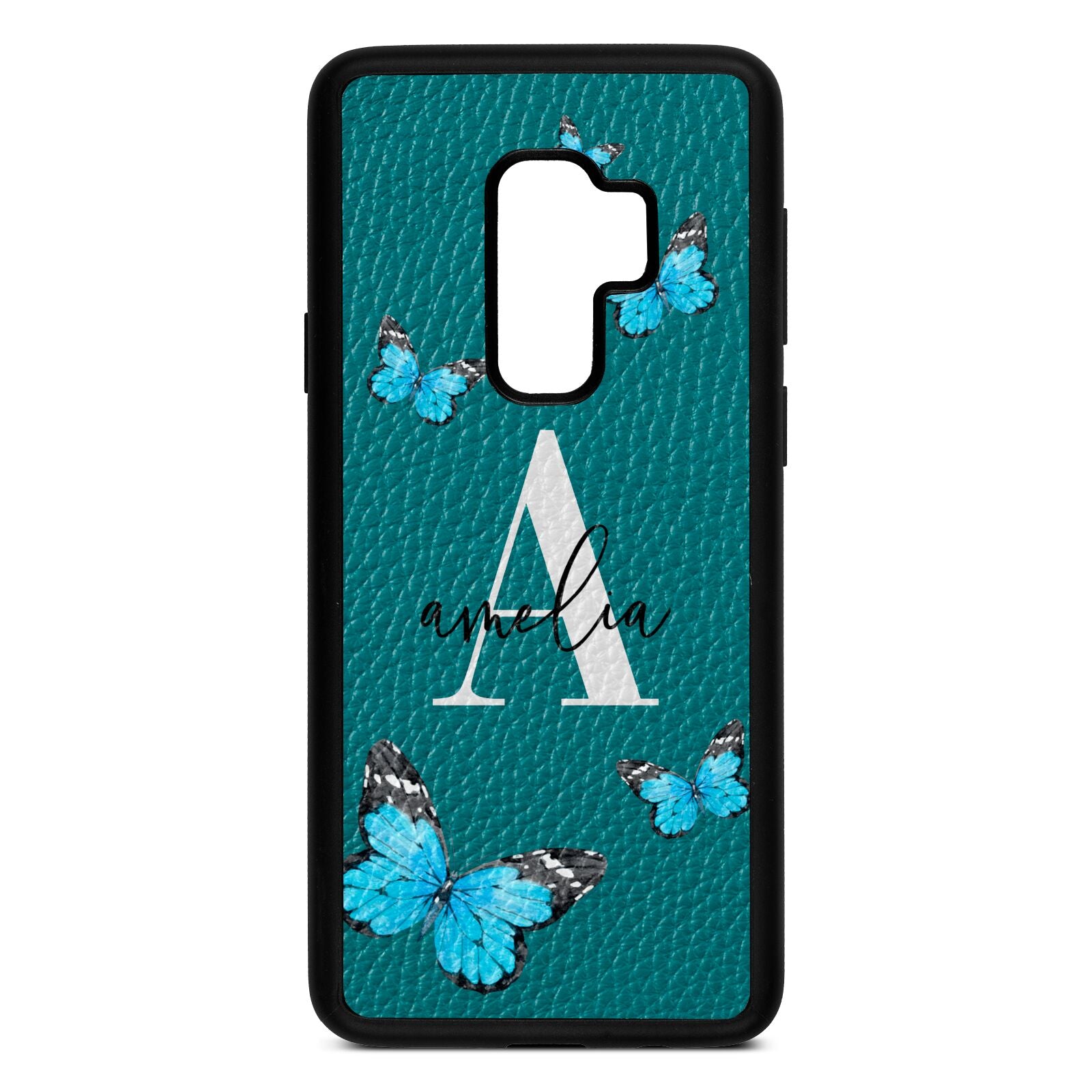 Blue Butterflies with Initial and Name Green Pebble Leather Samsung S9 Plus Case