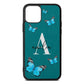 Blue Butterflies with Initial and Name Green Pebble Leather iPhone 11 Case