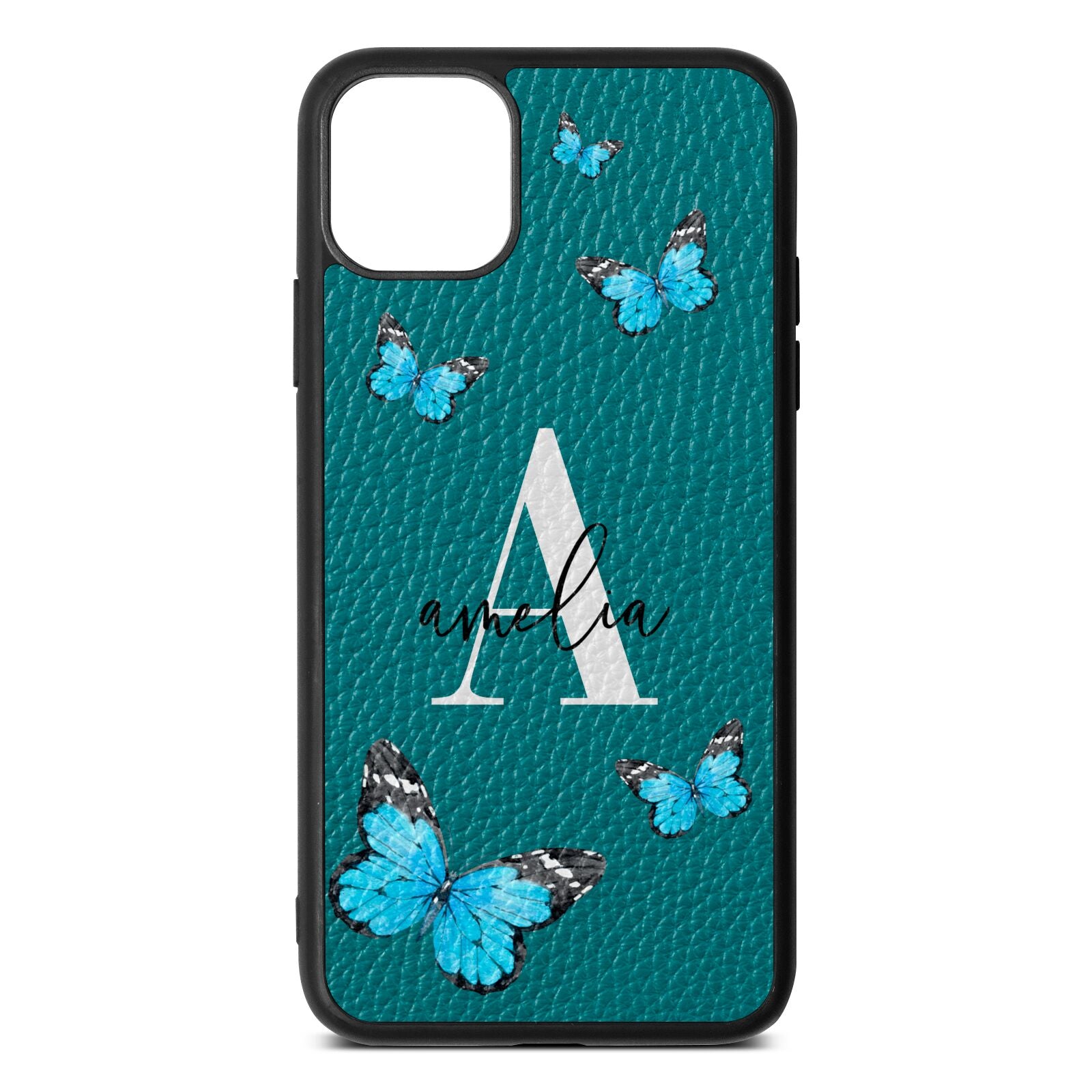 Blue Butterflies with Initial and Name Green Pebble Leather iPhone 11 Pro Max Case