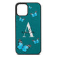 Blue Butterflies with Initial and Name Green Pebble Leather iPhone 12 Case