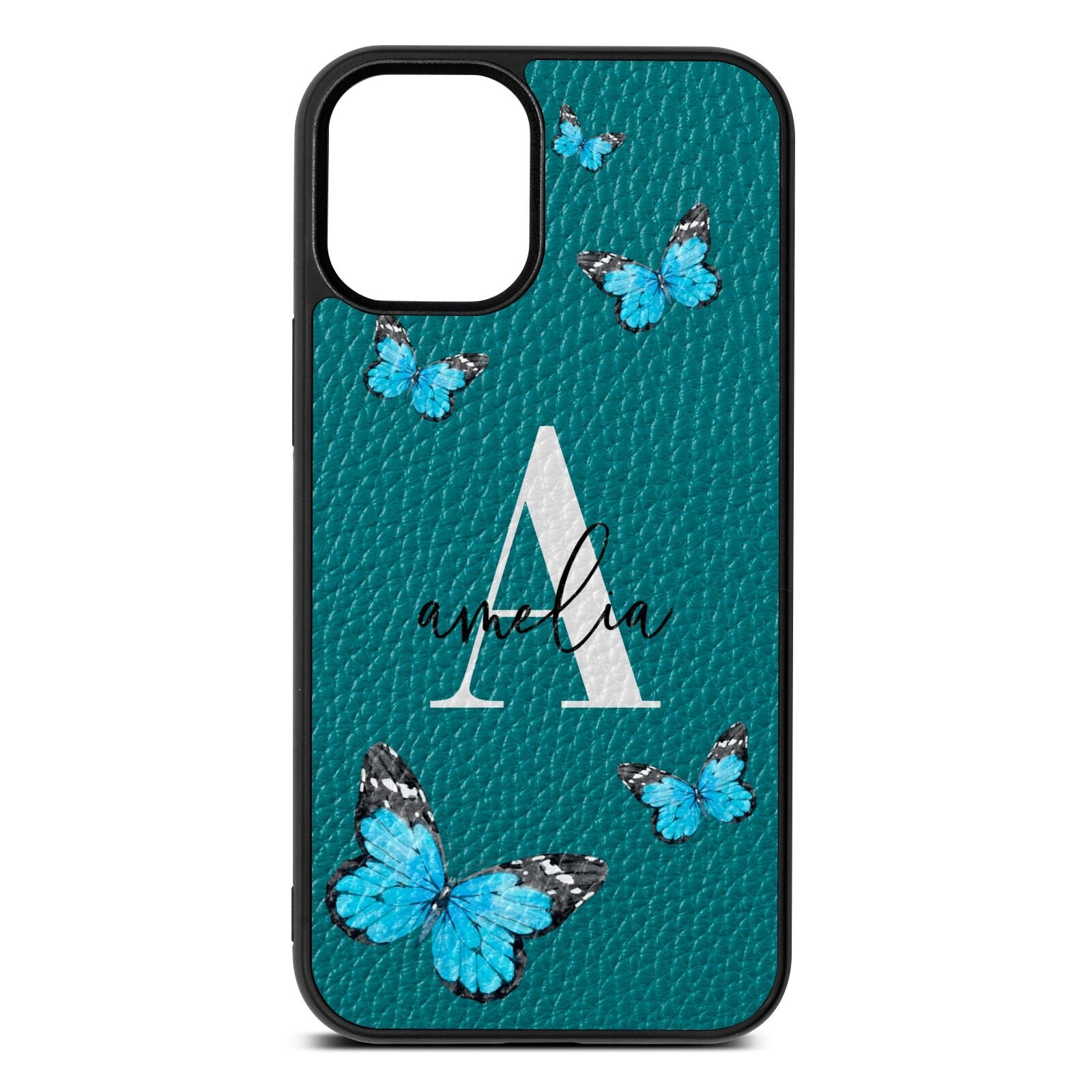 Blue Butterflies with Initial and Name Green Pebble Leather iPhone 12 Mini Case