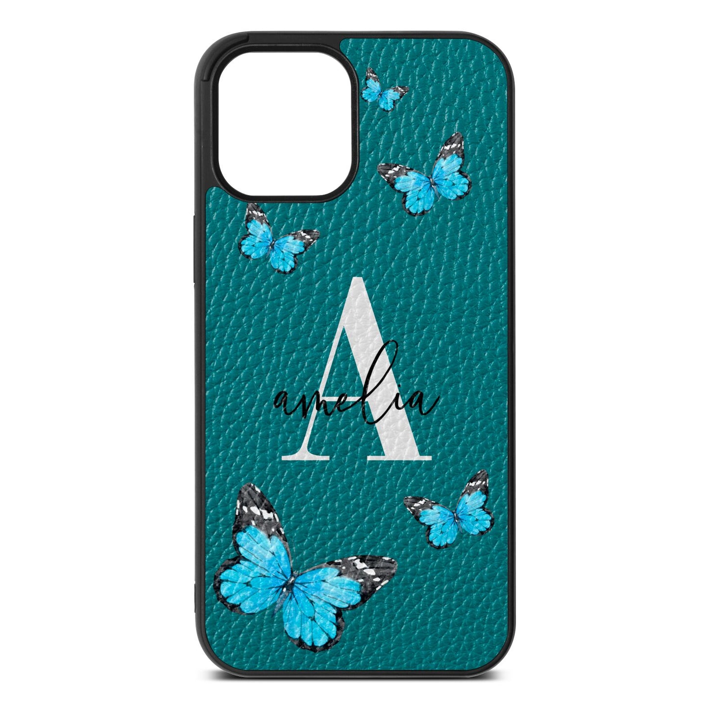 Blue Butterflies with Initial and Name Green Pebble Leather iPhone 12 Pro Max Case